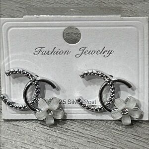 Double C Crystal & Flower Accent Stud Glam Earrings – 925 Silver Post NWT